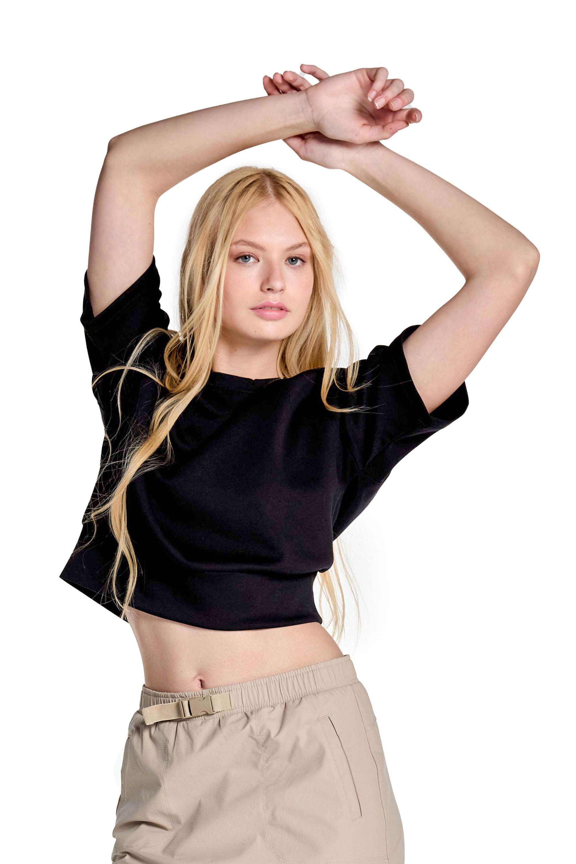 Stretch Knit Crew Neck Short Sleeve Top