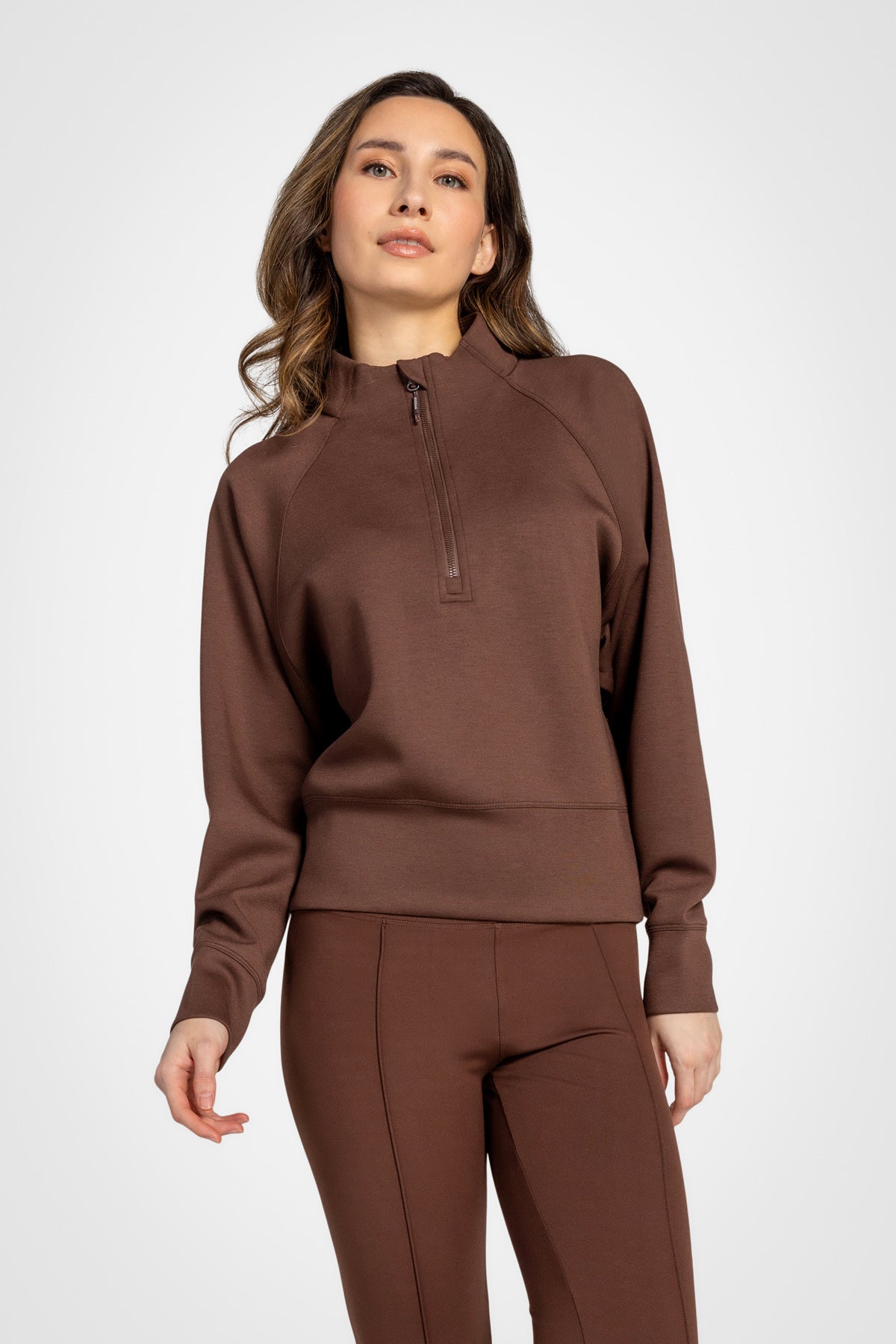 Stretch Knit Mock Neck Half-Zip Long Sleeve Top