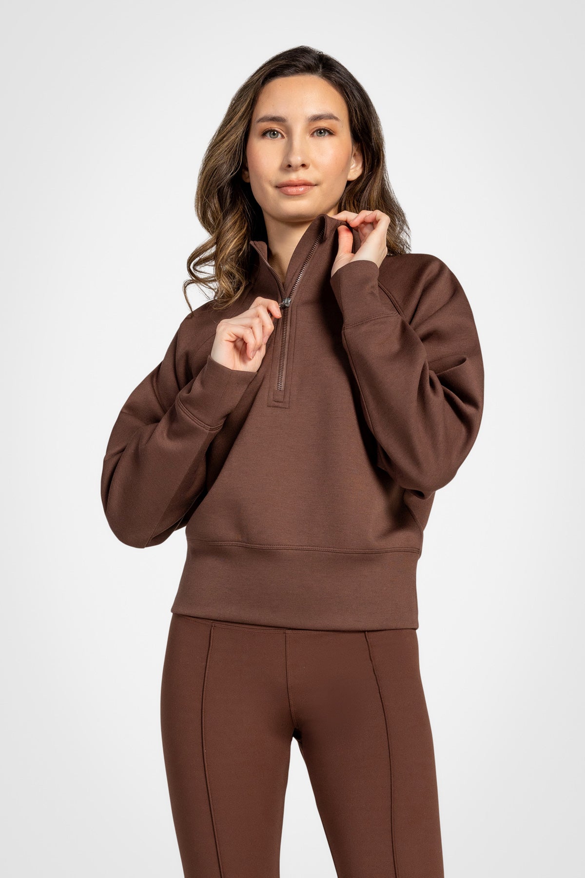 Stretch Knit Mock Neck Half-Zip Long Sleeve Top