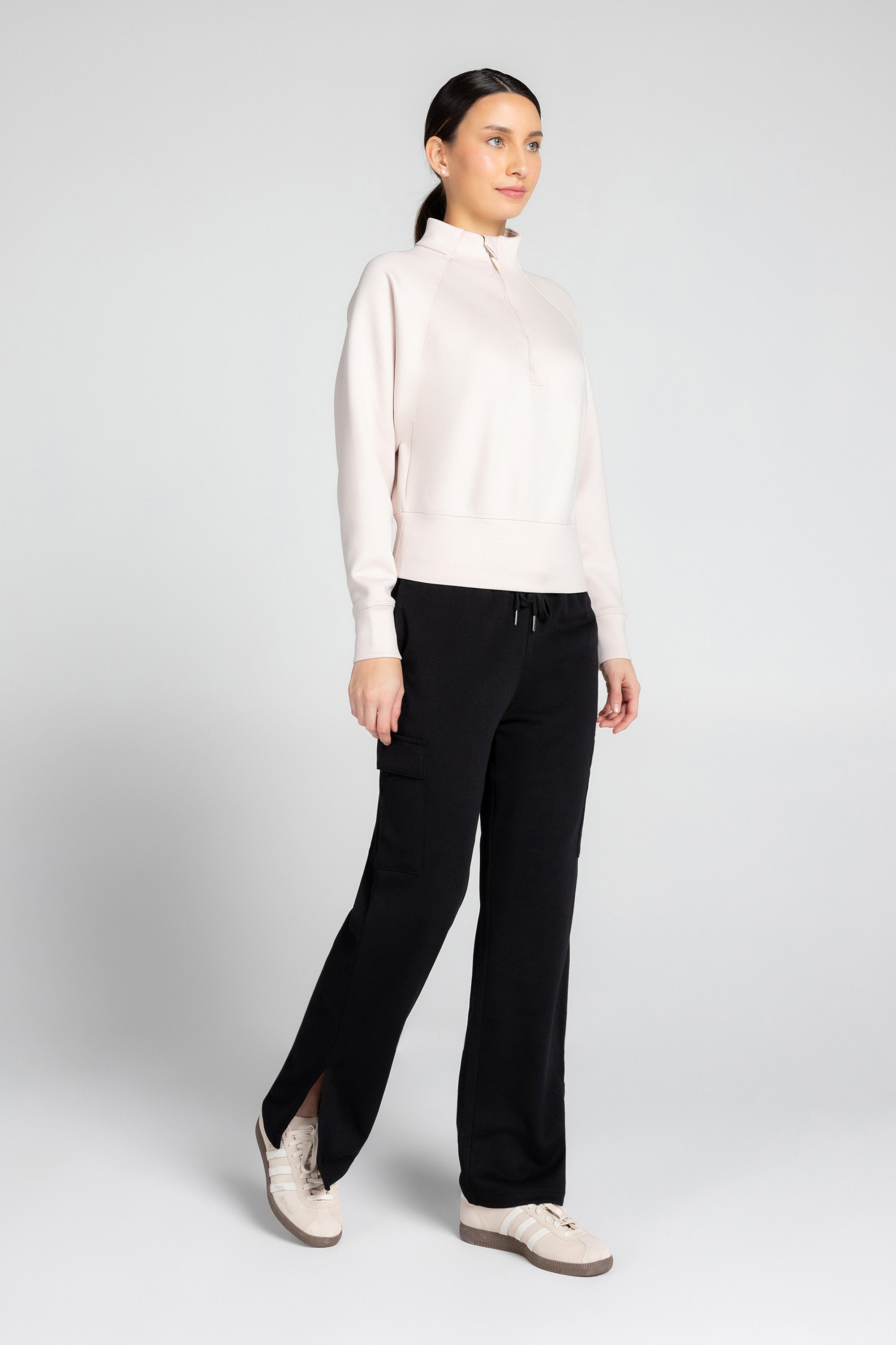 Stretch Knit Mock Neck Half-Zip Long Sleeve Top