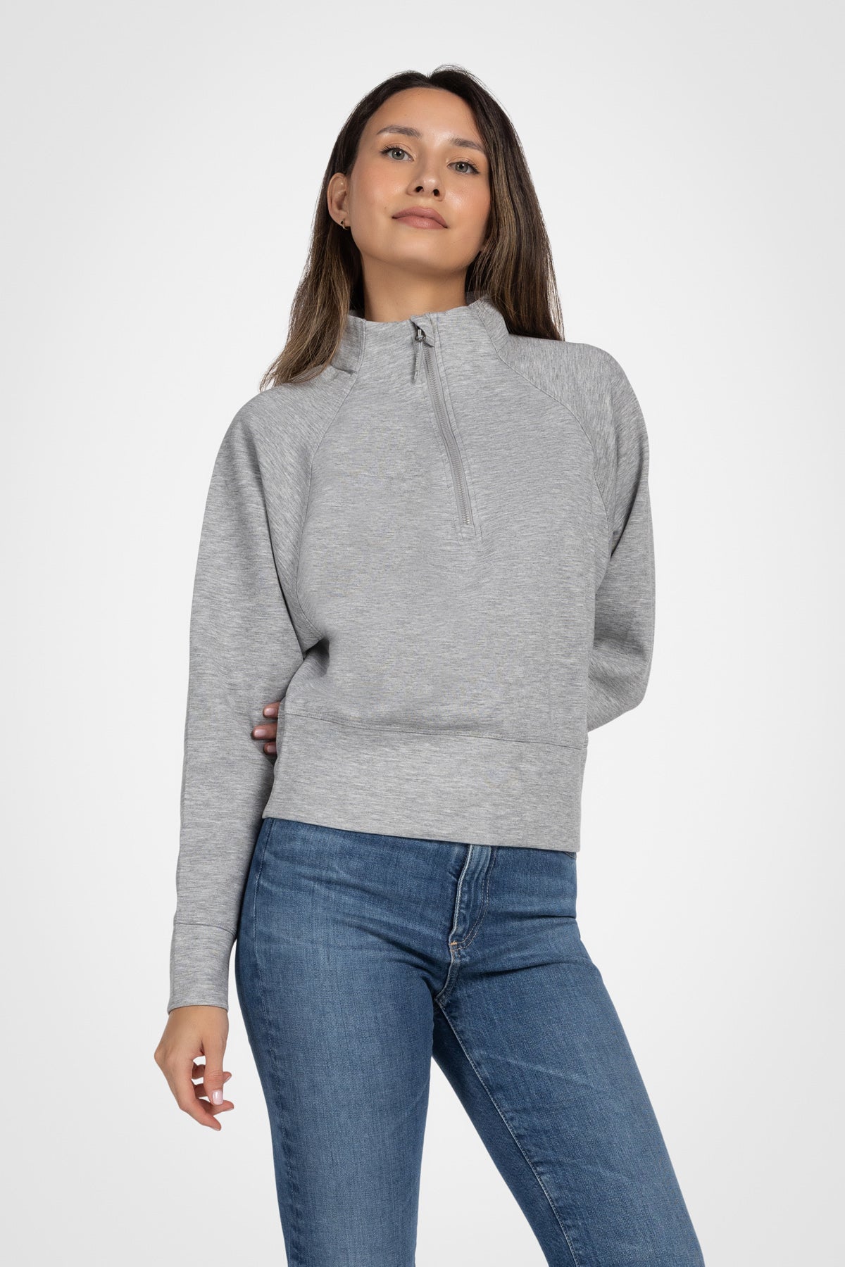 Stretch Knit Mock Neck Half-Zip Long Sleeve Top