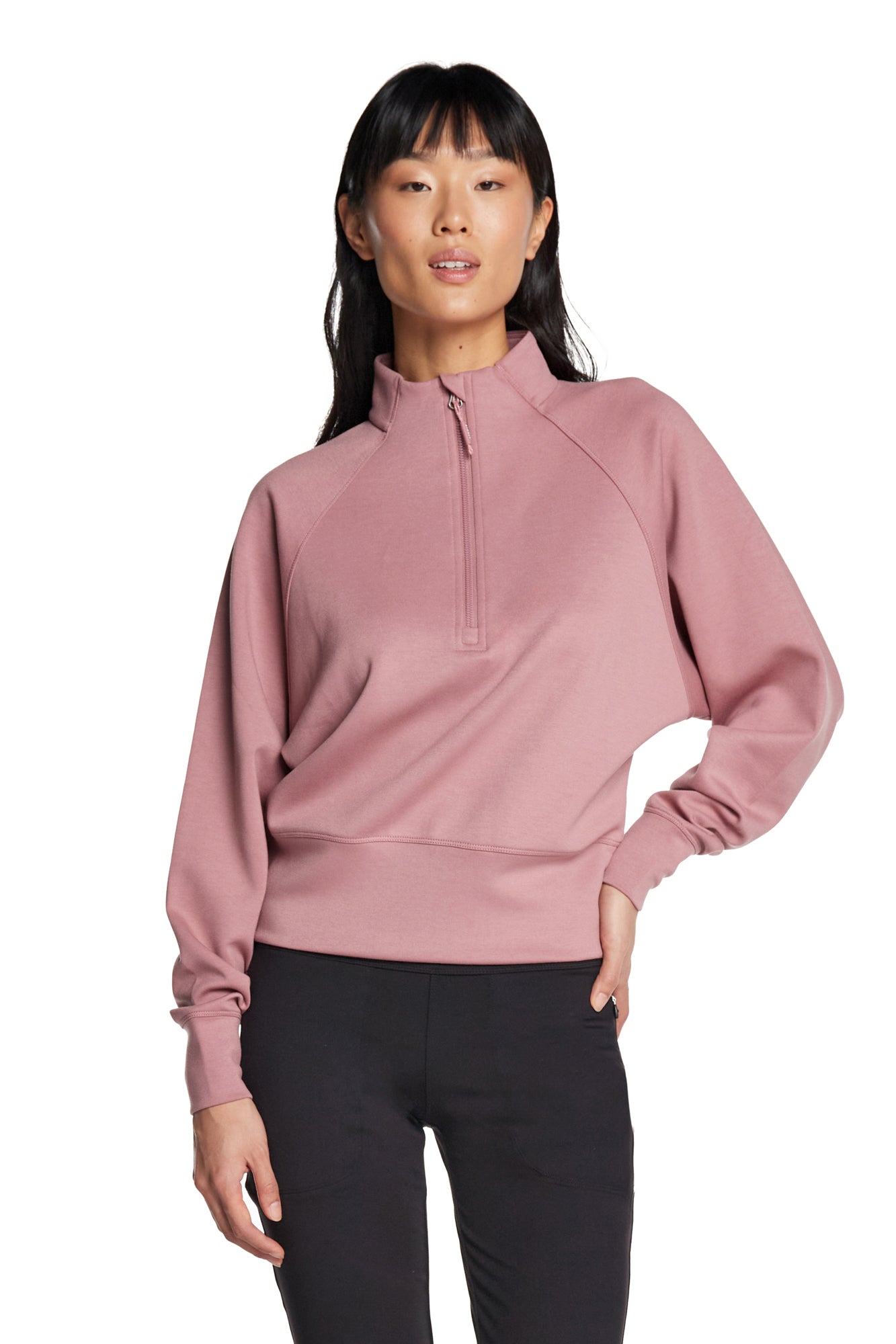 Stretch Knit Mock Neck Half-Zip Long Sleeve Top