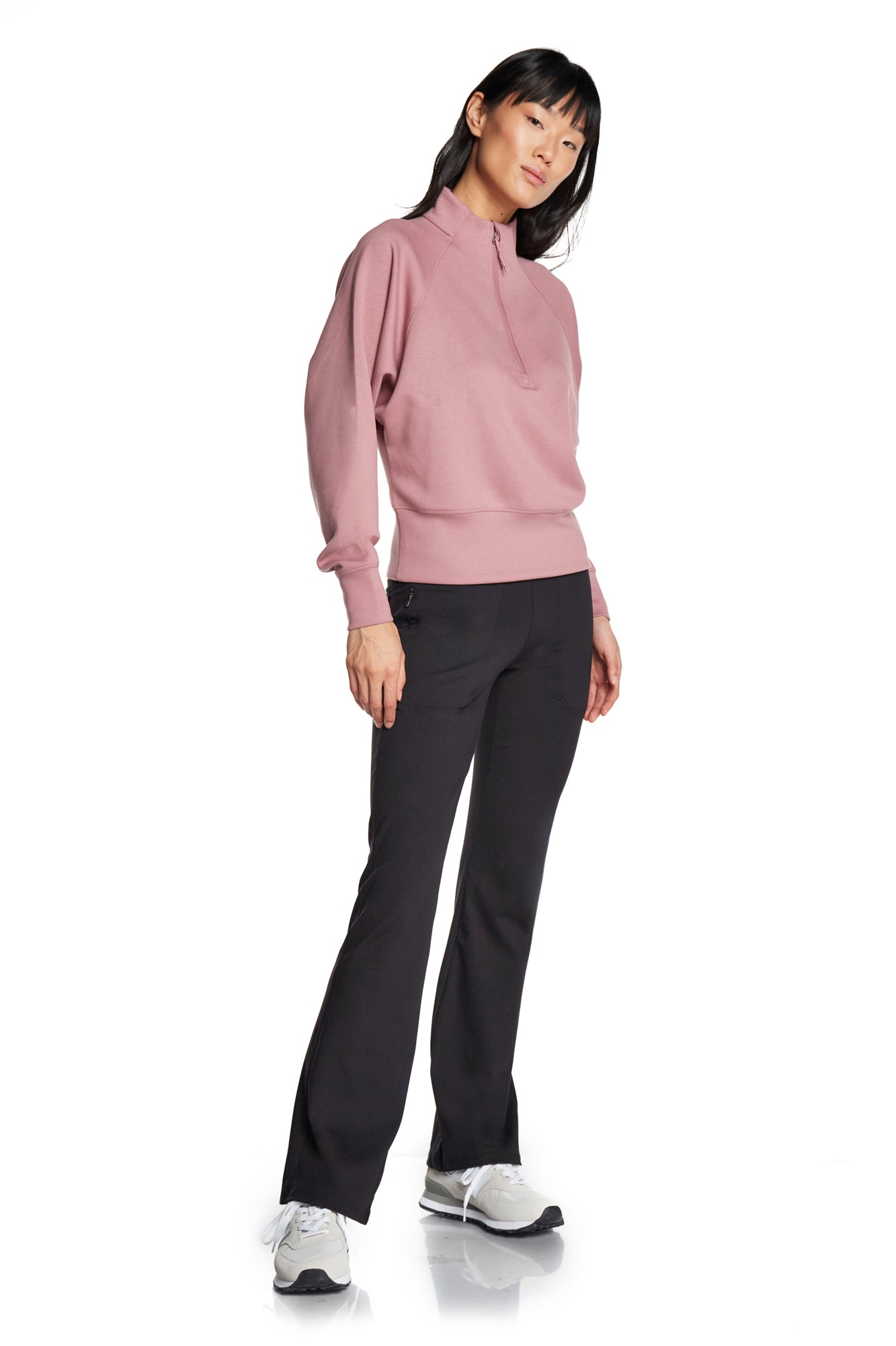 Stretch Knit Mock Neck Half-Zip Long Sleeve Top