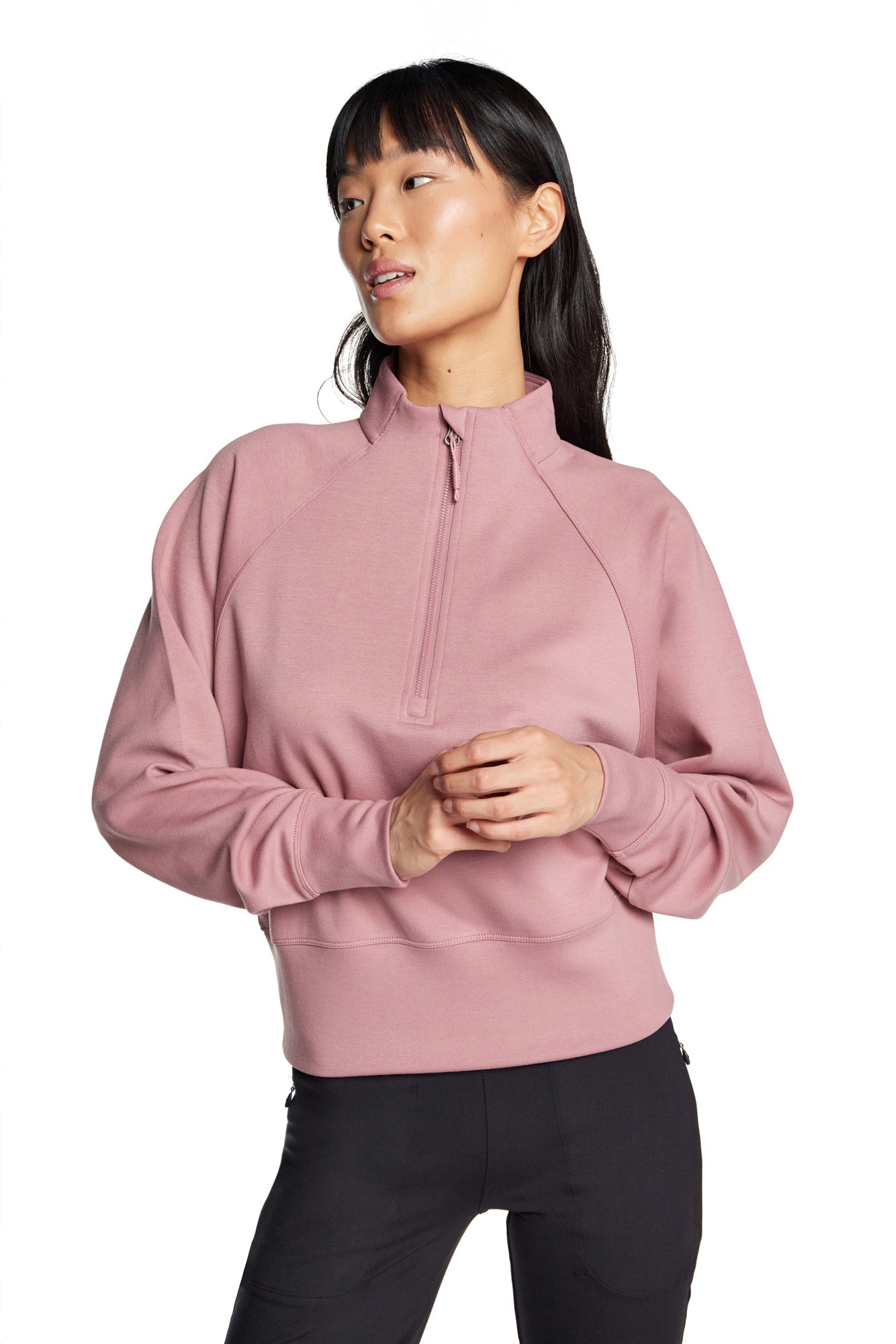Stretch Knit Mock Neck Half-Zip Long Sleeve Top