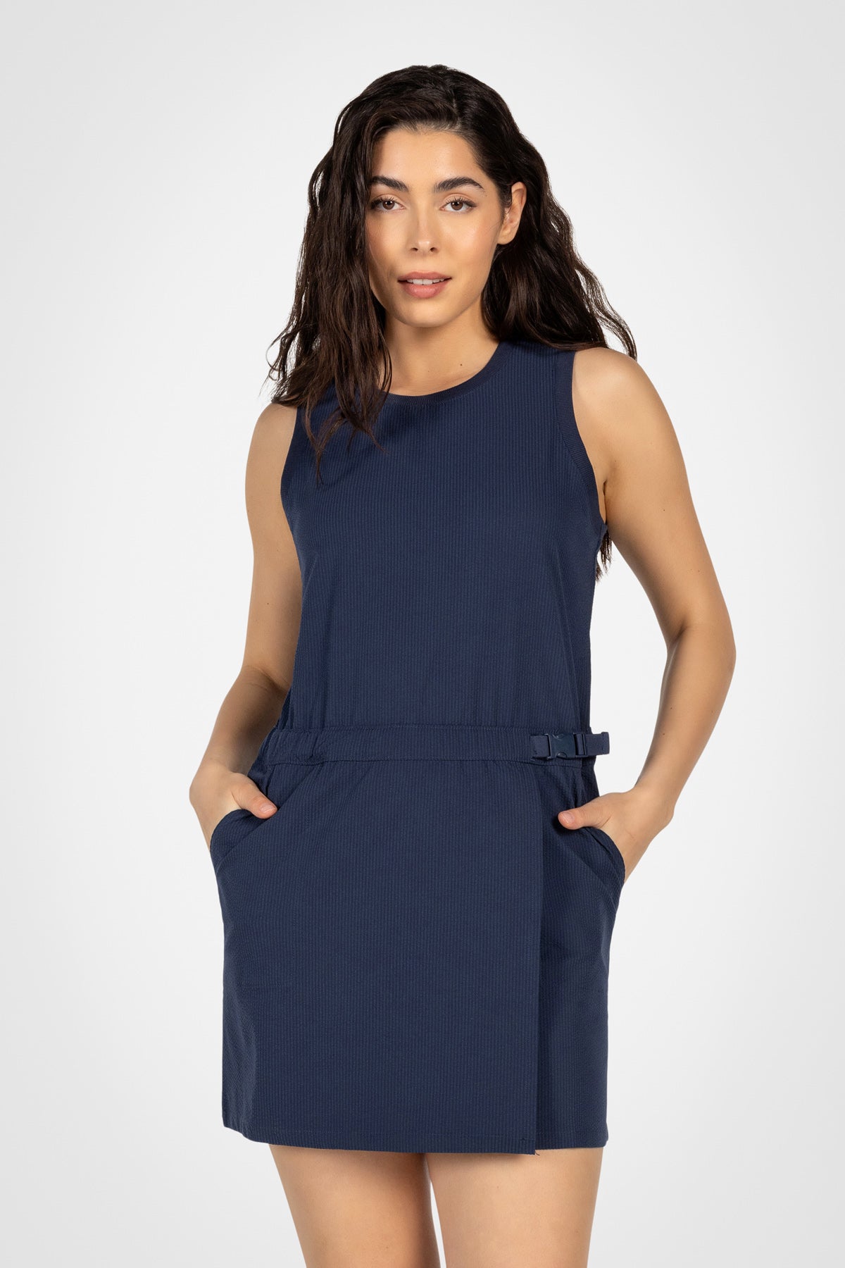 Kyodan Womens Seersucker Belted Racer Dress Blue / Large