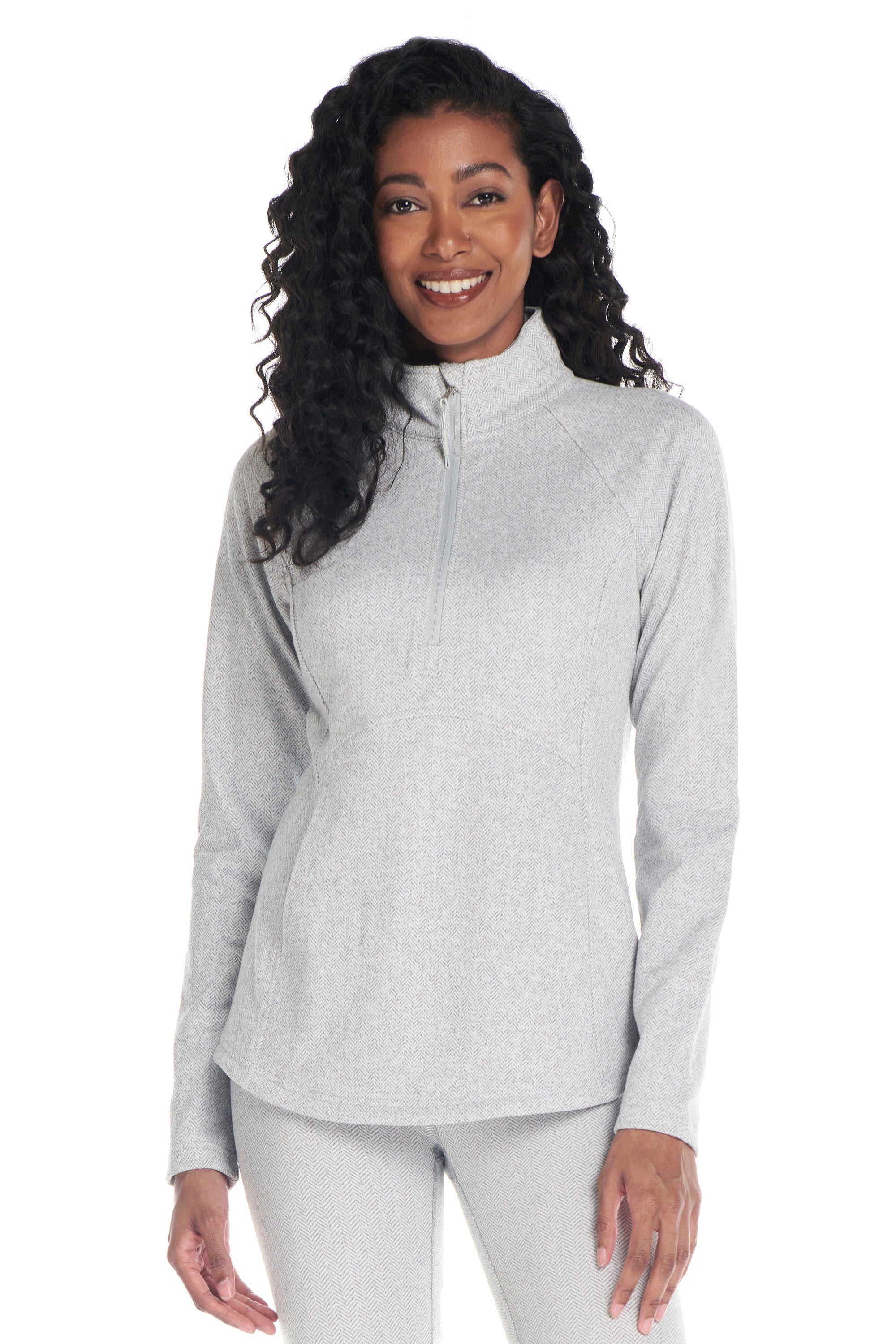 Herringbone Knit Mock Neck Half-Zip Long Sleeve Top