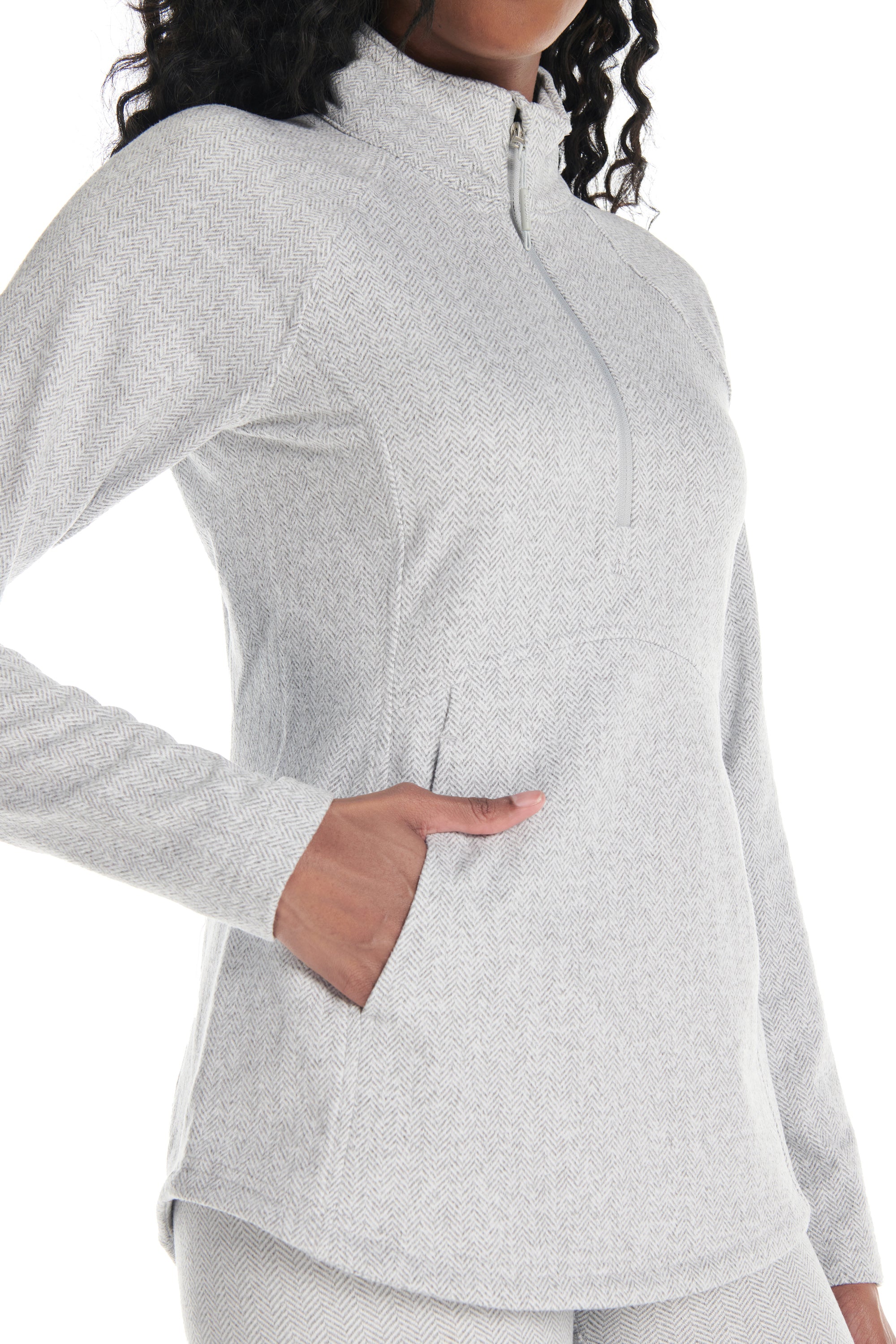 Herringbone Knit Mock Neck Half-Zip Long Sleeve Top