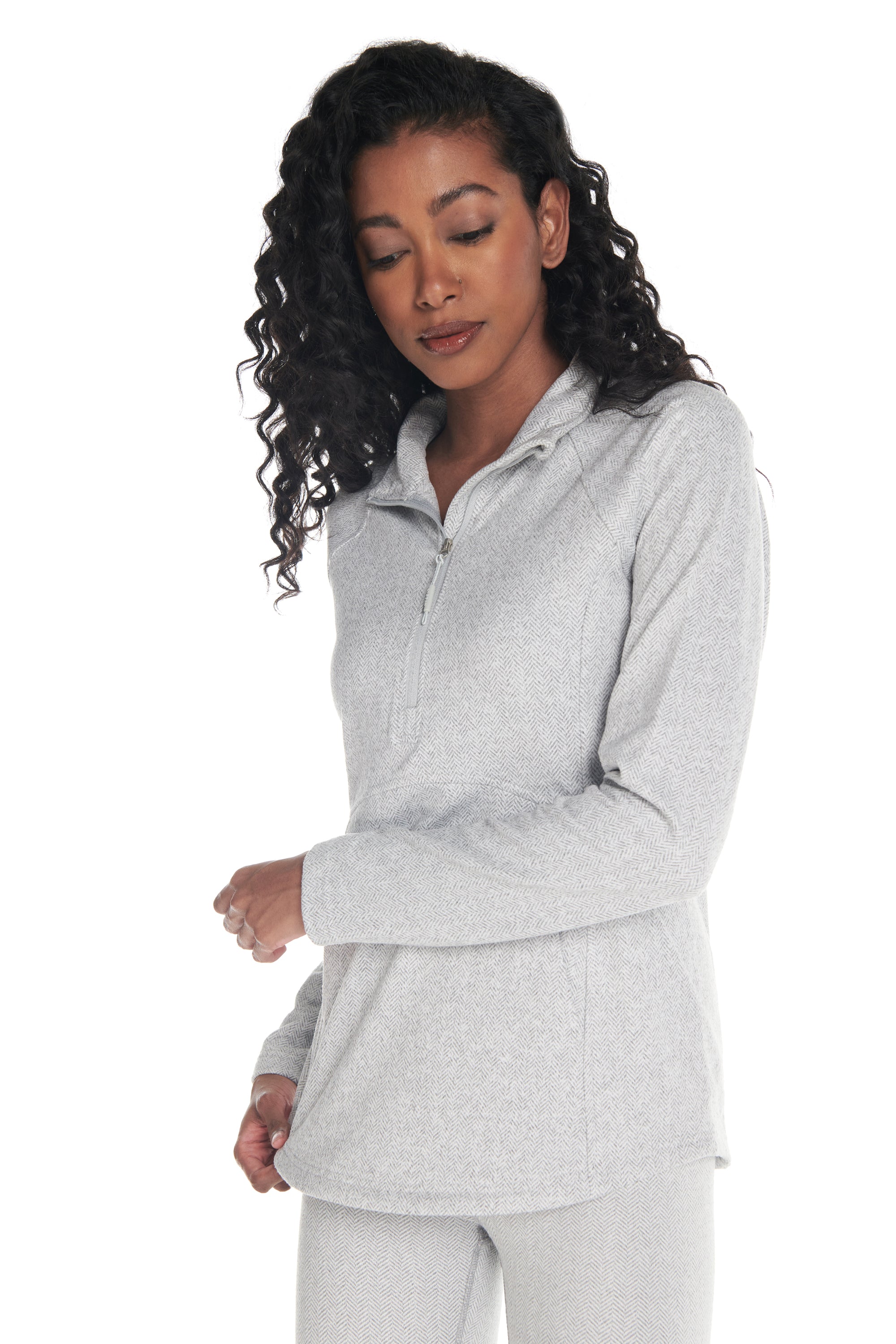 Herringbone Knit Mock Neck Half-Zip Long Sleeve Top