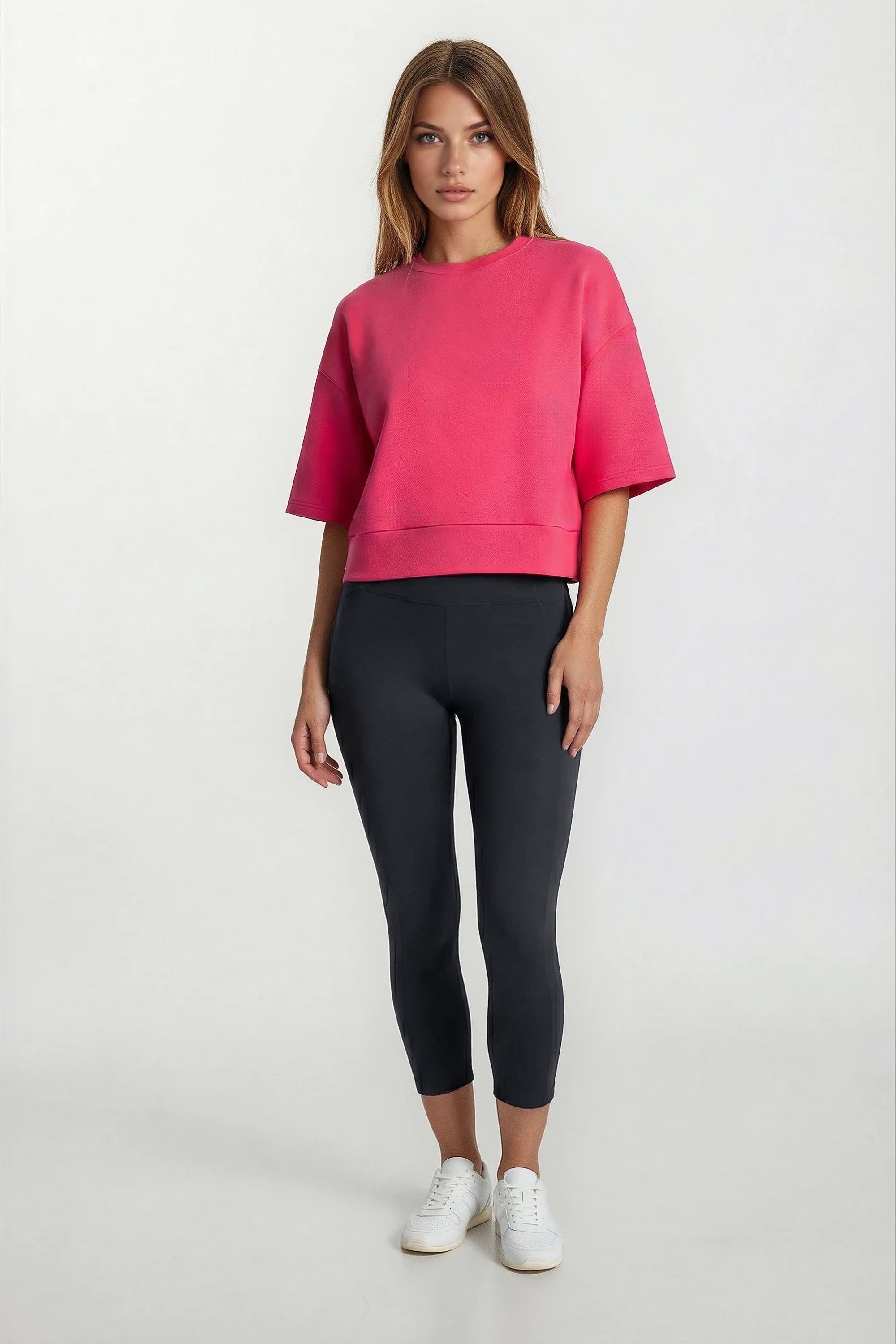 Stretch Knit Crew Neck Short Sleeve Top