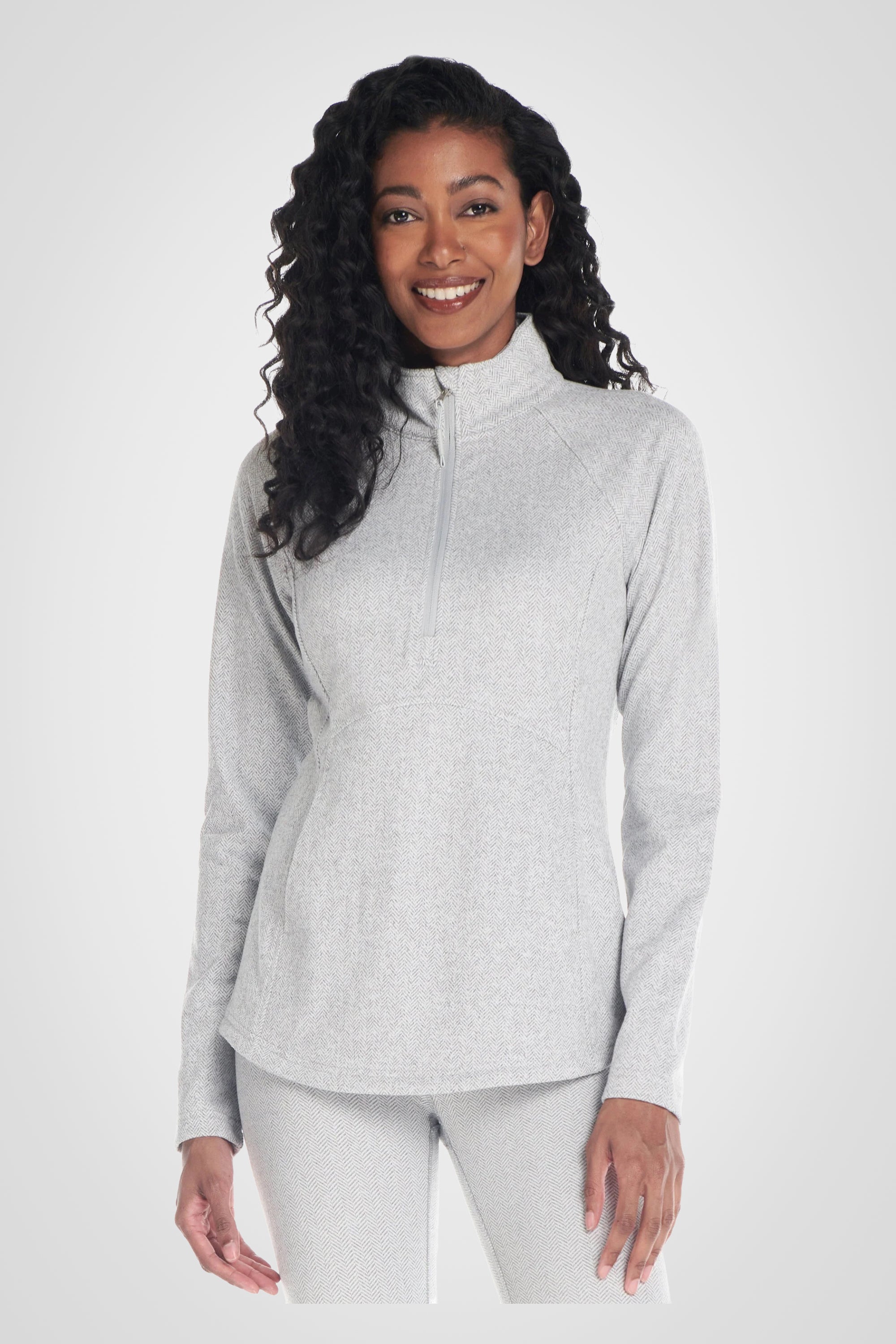 Herringbone Knit Mock Neck Half-Zip Long Sleeve Top