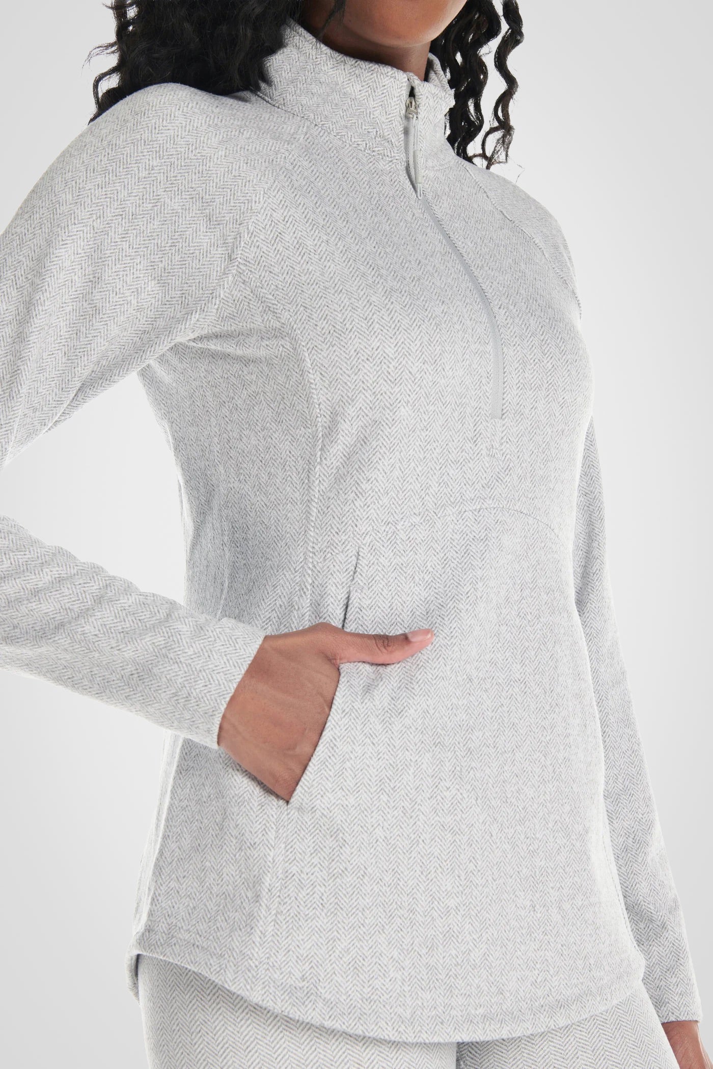 Herringbone Knit Mock Neck Half-Zip Long Sleeve Top