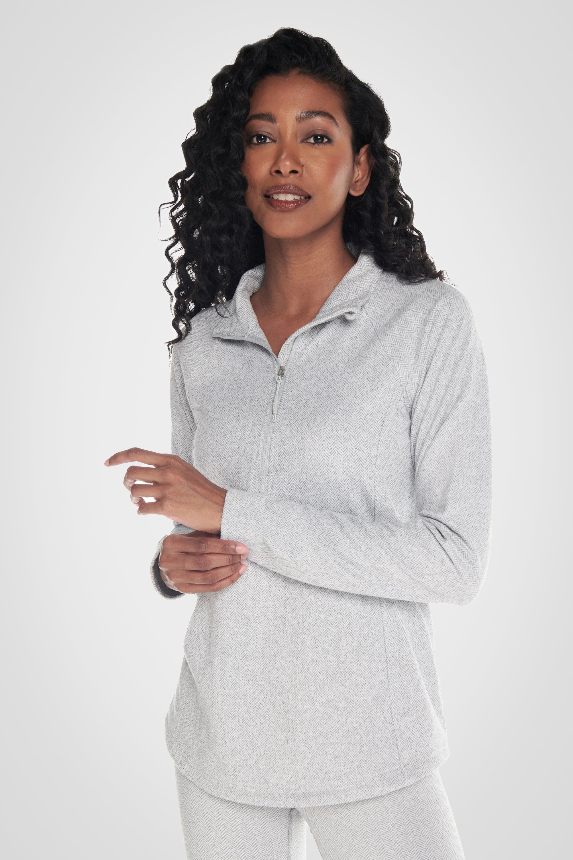 Herringbone Knit Mock Neck Half-Zip Long Sleeve Top