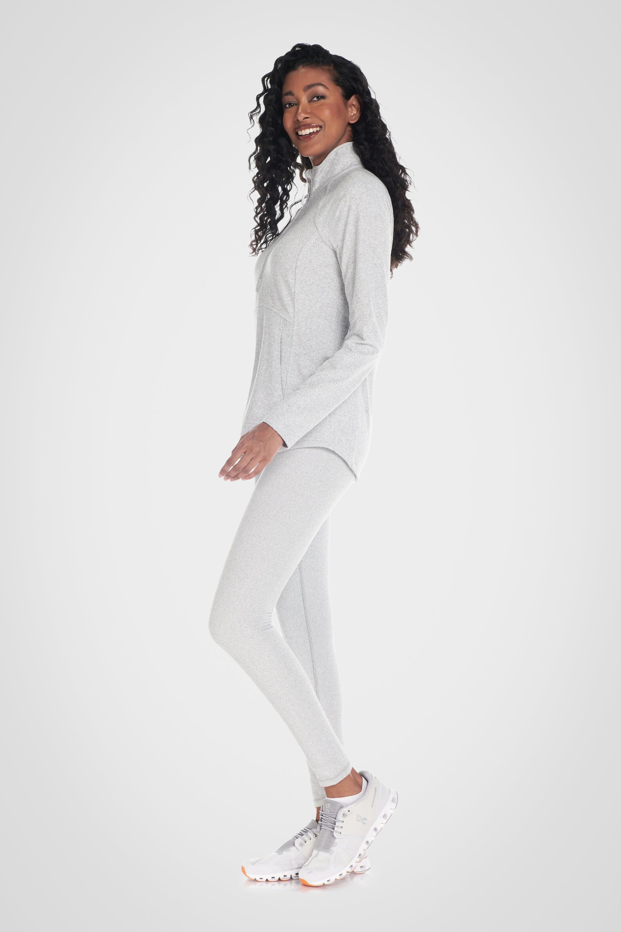 Herringbone Knit Mock Neck Half-Zip Long Sleeve Top
